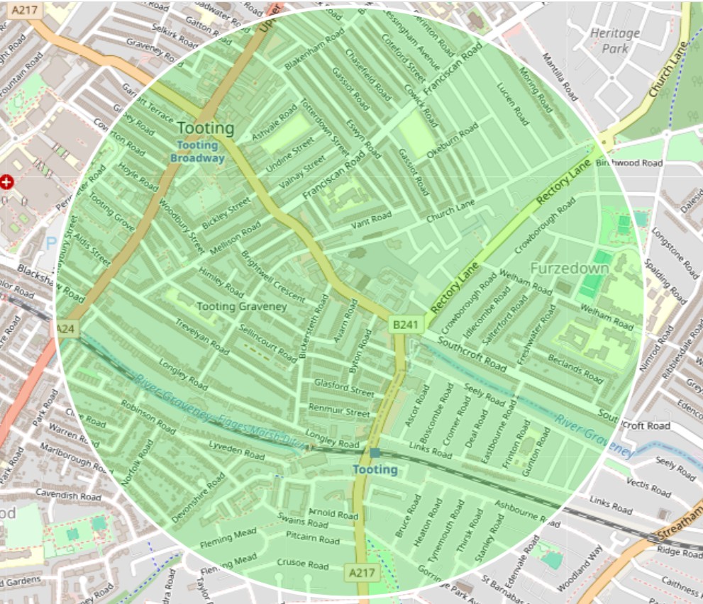 Map of Tooting with 0.5 radius circle overlayed on location of accommodation building