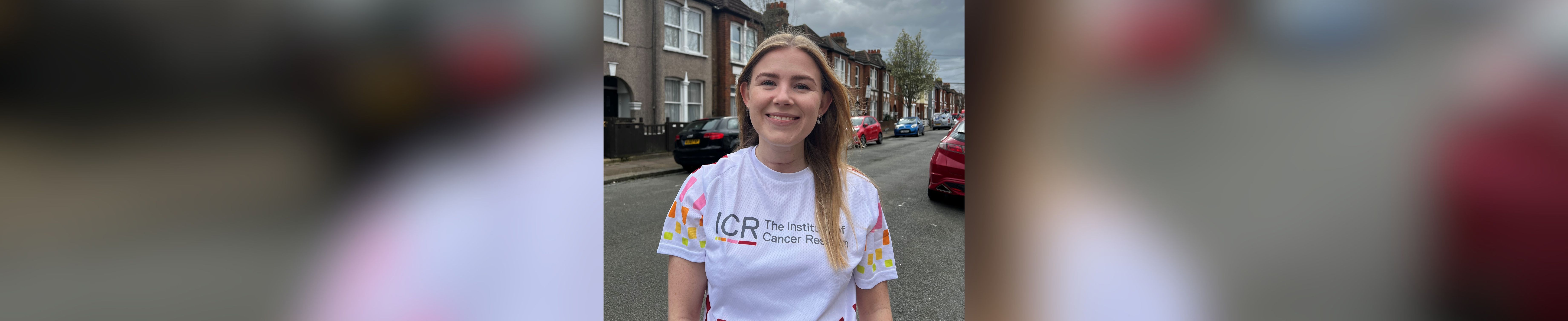 Abi Sherratt wearing an ICR-branded t-shirt