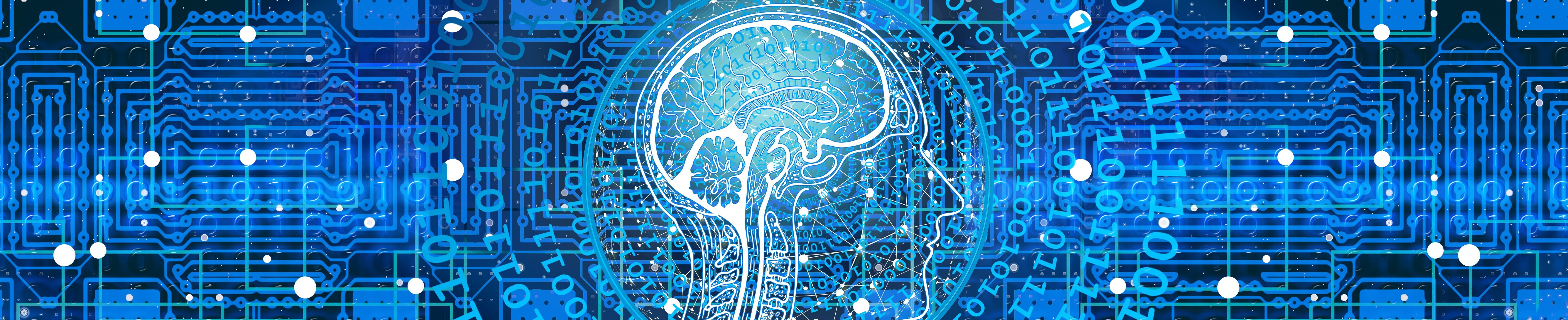 AI image - blue screen with computer and binary symbols surrounding a human head