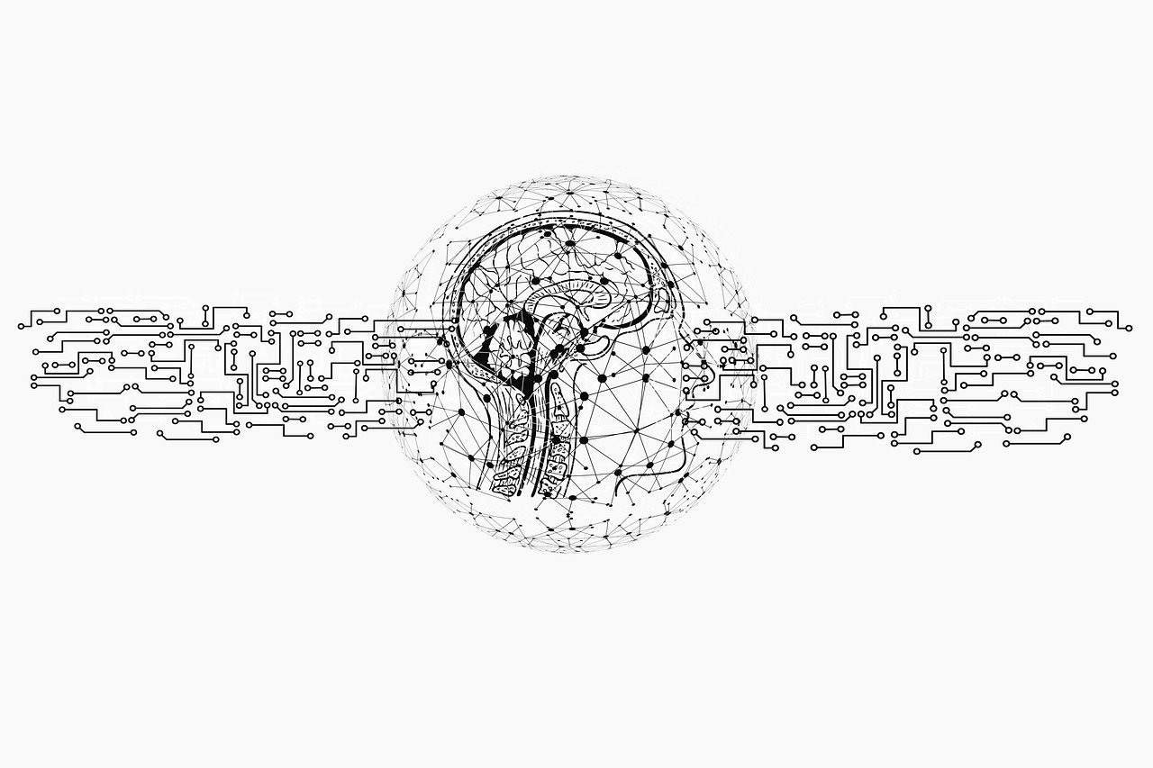 AI image black and white illustration of human head showing brain with networks extending from it