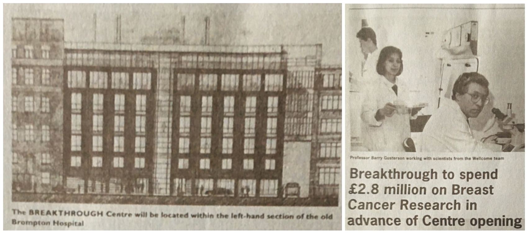 Archival images of BCN Two archival images from the Breast Cancer Now centre, one of the building and one of researchers in a lab