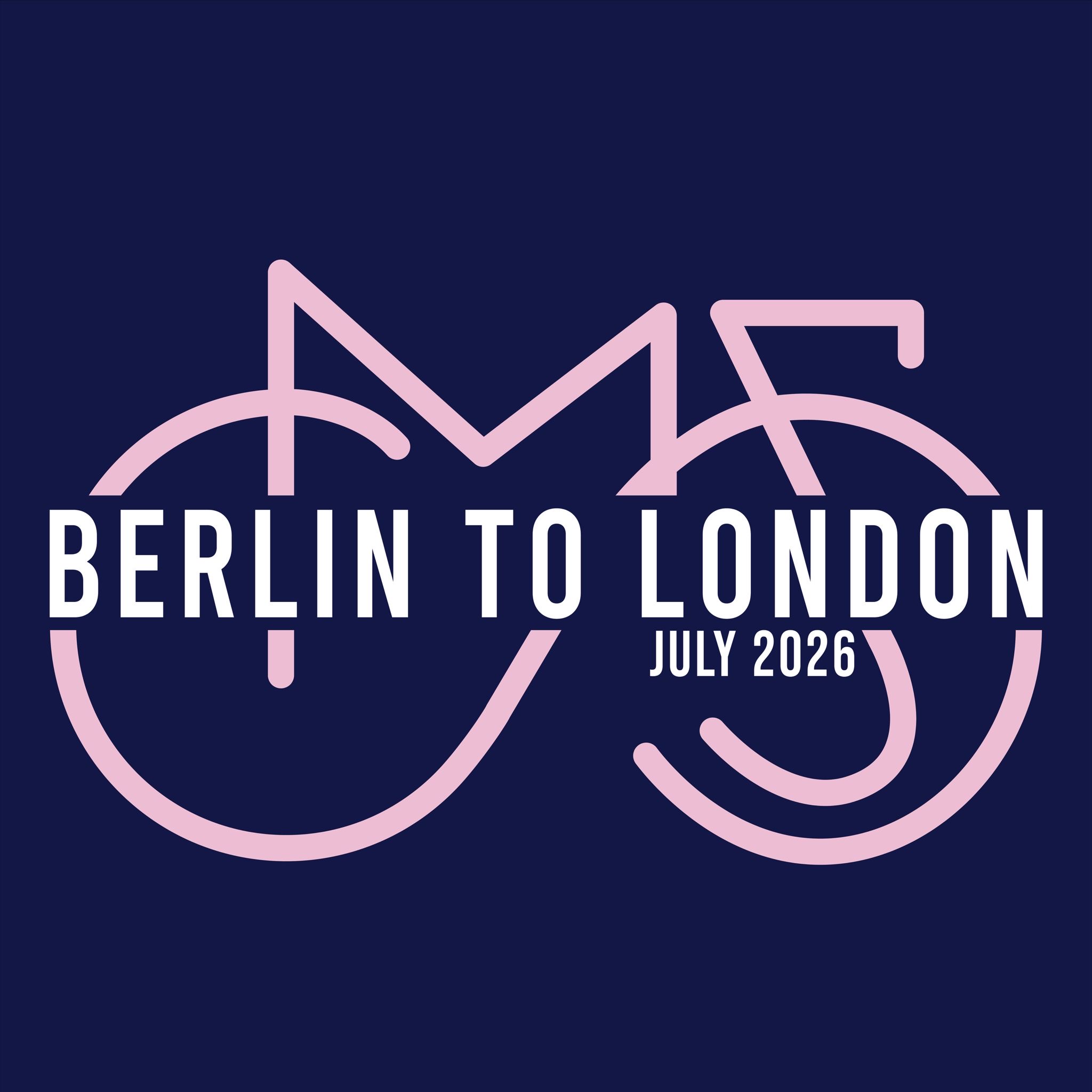 Graphic of a pink bicycle on a dark blue background, with the text Berlin to London July 2026