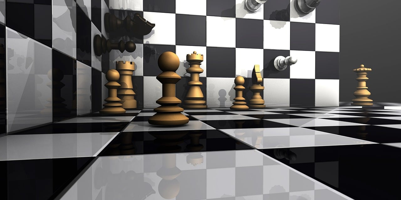 Chess game illustration Illustration of chess board folded in half two ways to create a chequered box with game pieces on it