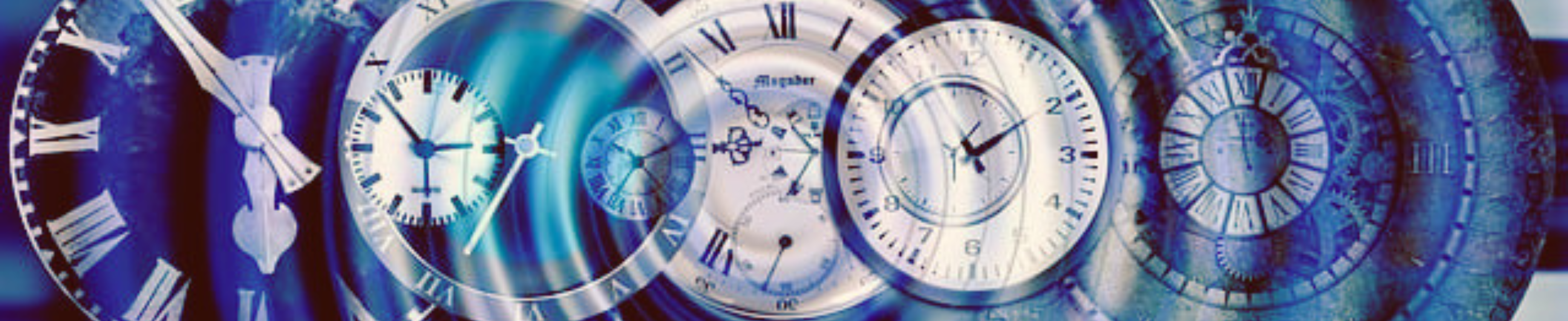 different clock faces overlapping in a horizontal line