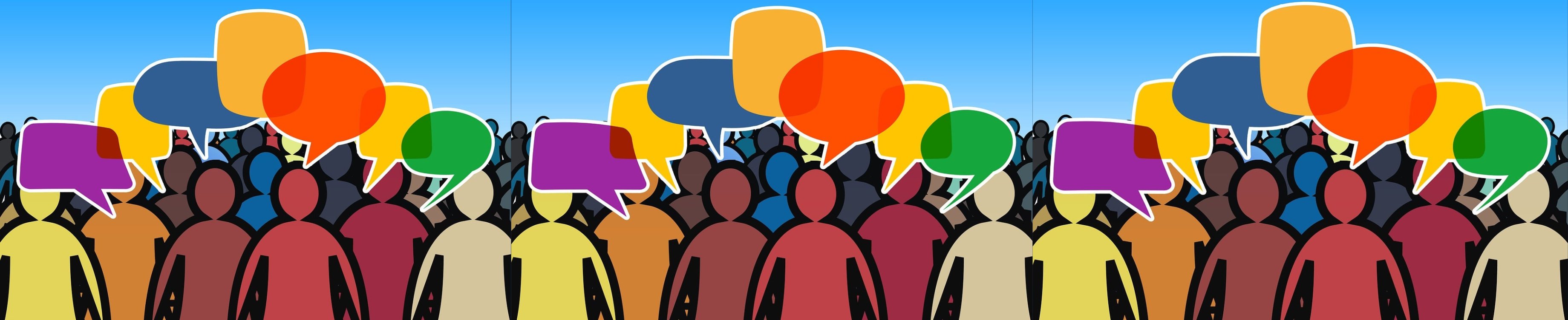 Animation showing crowd of body outlines with speech bubbles above their heads