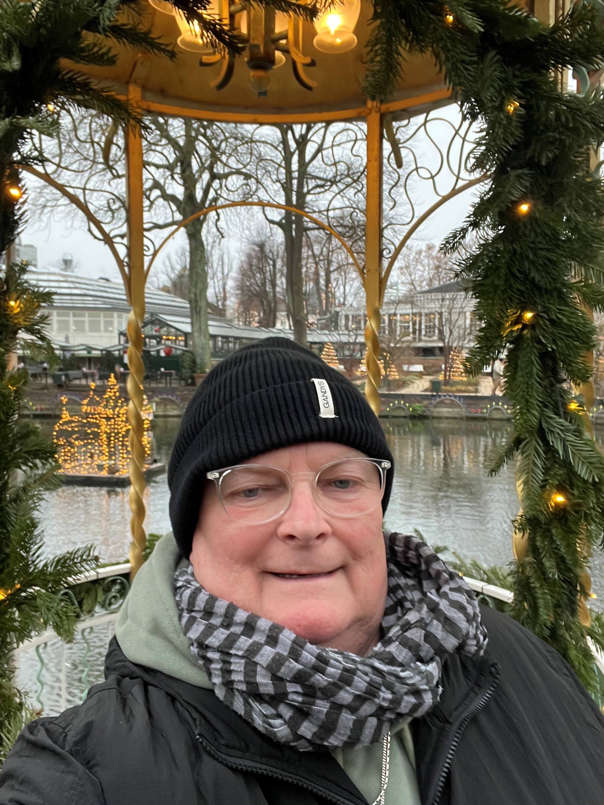 Dave is wrapped up warm wearing a hat and scarf, surrounded with winter lights