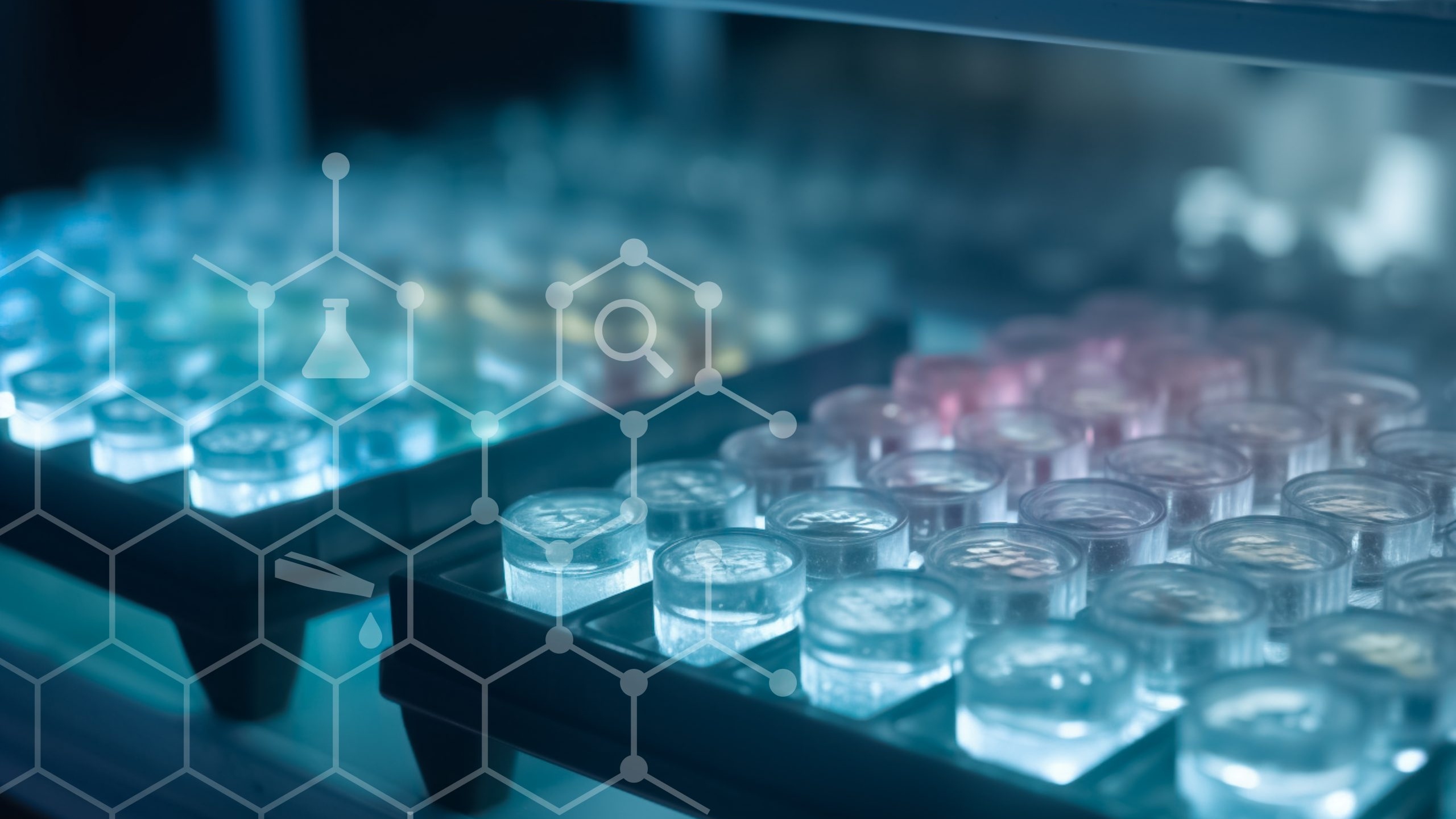 EIRAS lab Multiple trays of small, transparent containers or vials filled with liquids