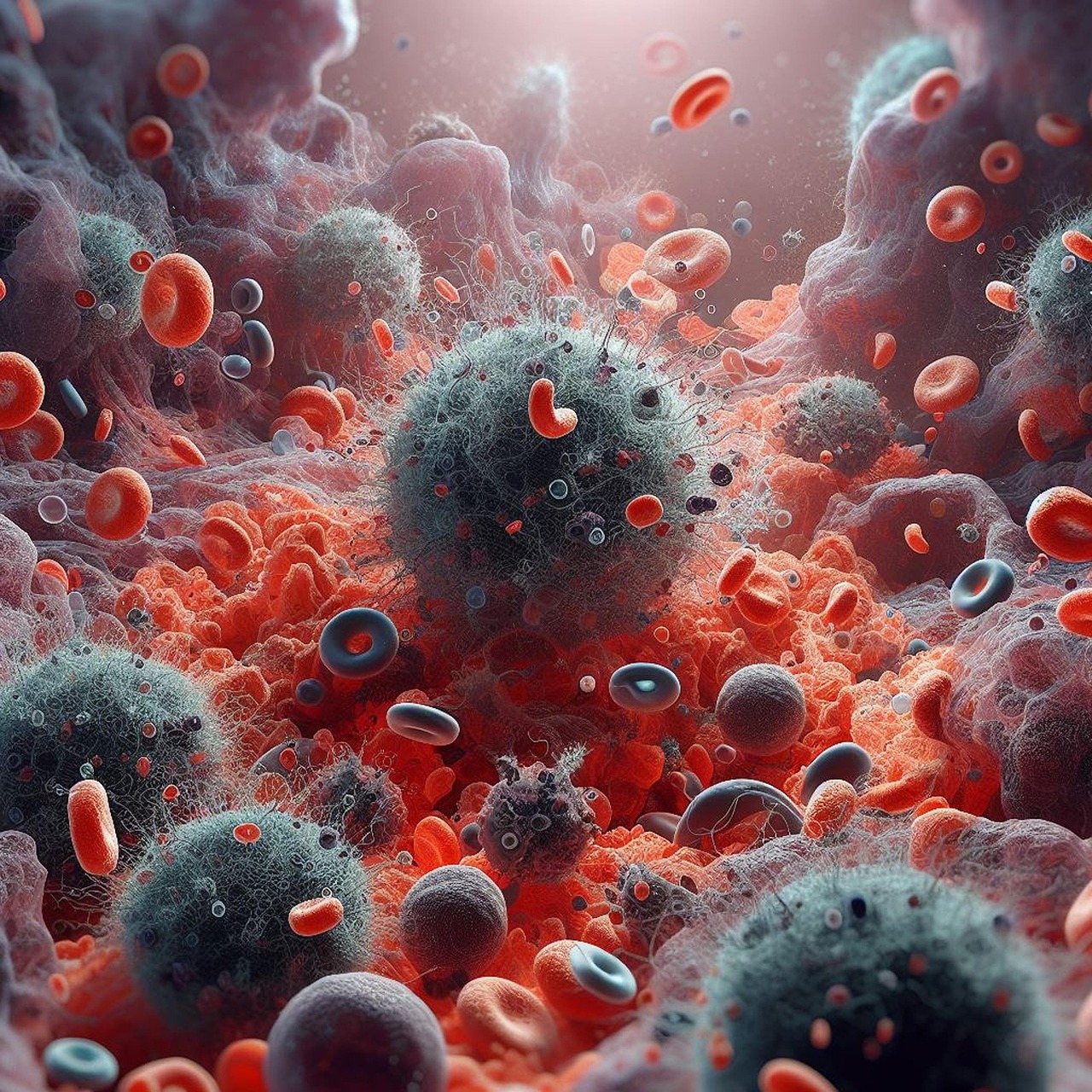 AI-style image illustrating virus particles surrounded by different types of white blood cells