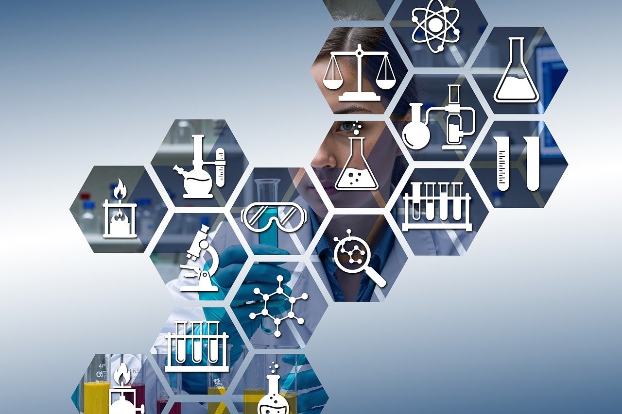 Science icons such as test tubes and safety goggles displayed in a series of hexagons