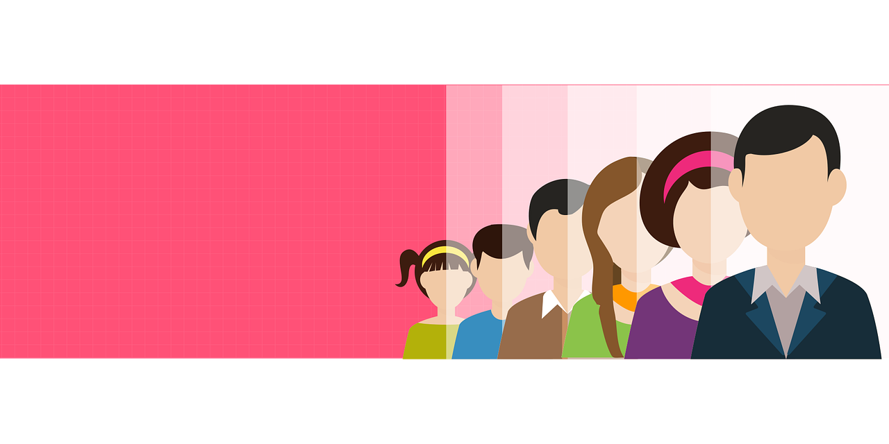 Illustration of six people of different ages, genders and ethnicities in a line