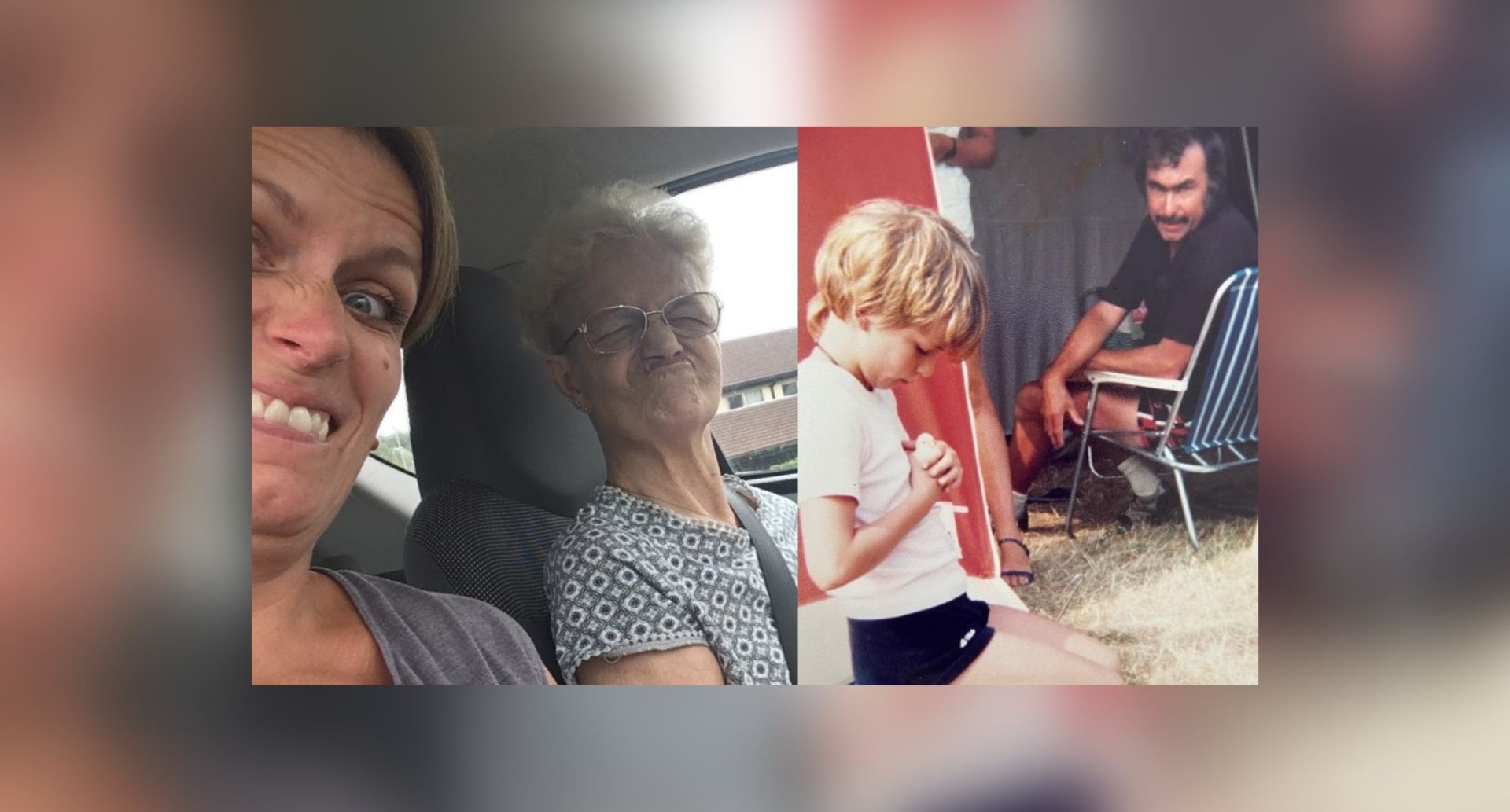 Emma Godden pulling a face with her mum (left) and camping as a child with her dad (right)