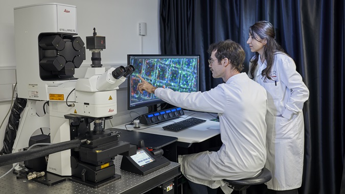 Scientists looking at cells through a correlative light microscope