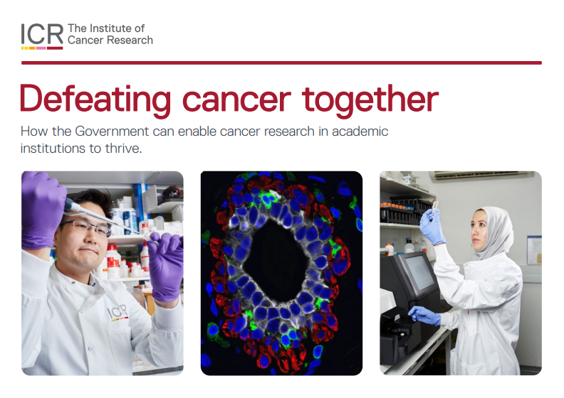 Heading reading 'Defeating cancer together: How the Government can enable cancer research in academic institutions to thrive' Followed by an image of scientists and cells
