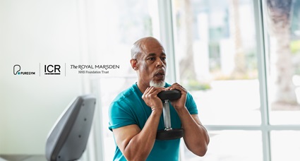 PureGym ICR RM Banner Man working out at the gym. Puregym, ICR and Royal Marsden logo in the background
