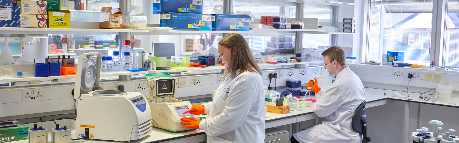 Two ICR scientists, one female, one male, working in the labs