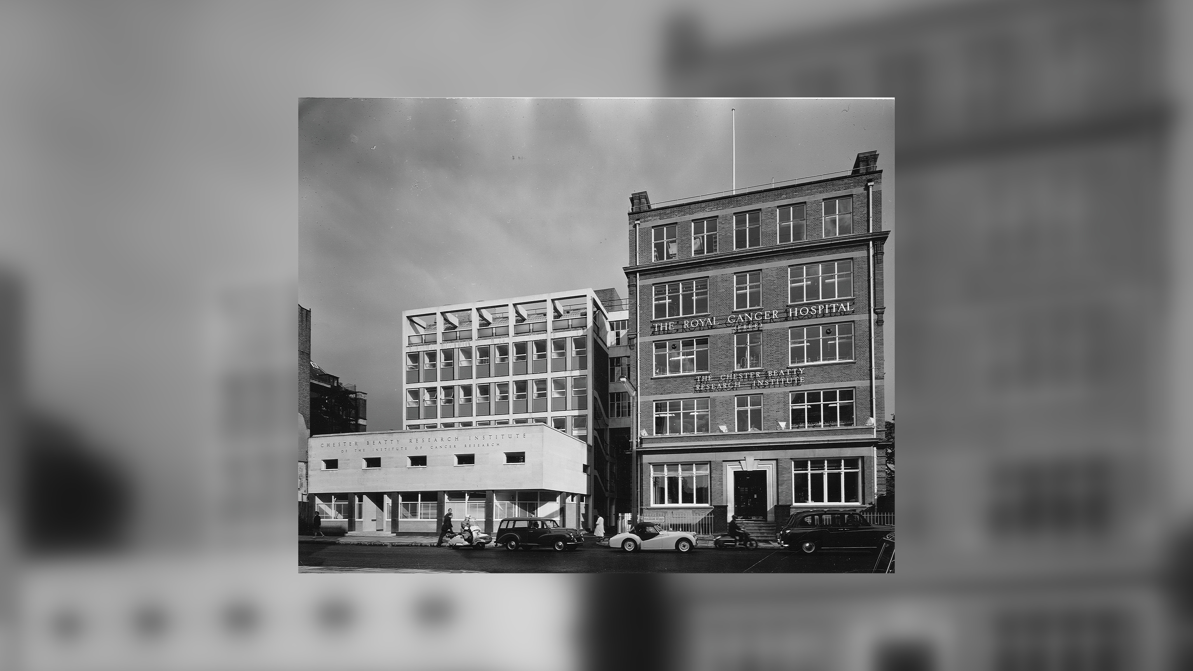 Black and white photo of the Institute of Cancer Research in the 1950s