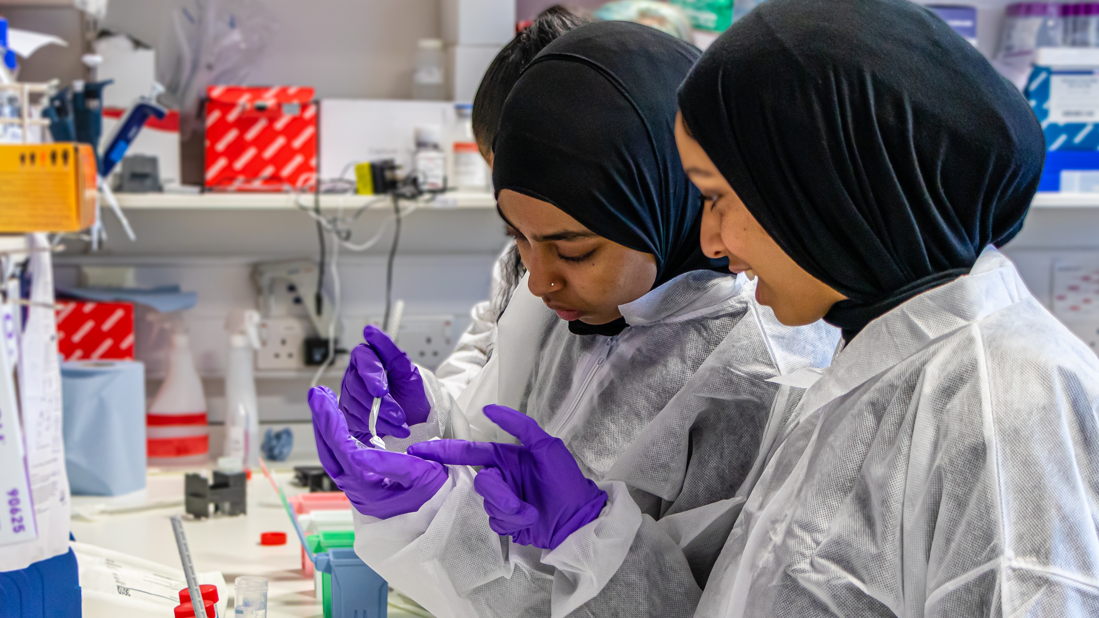 Two students wearing lab coats and gloves looking at a sample