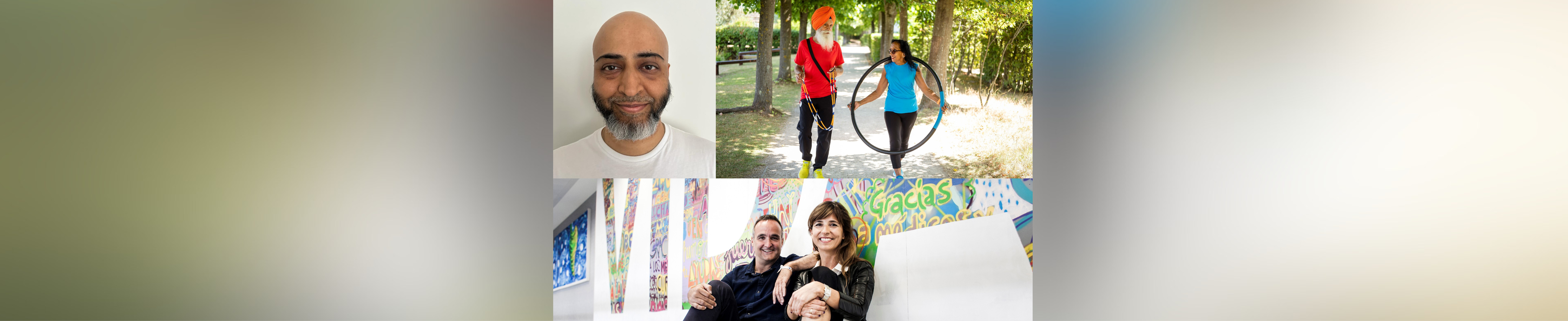 Collage of images of Rayaz, Pritpal, and Lola and her husband Diego