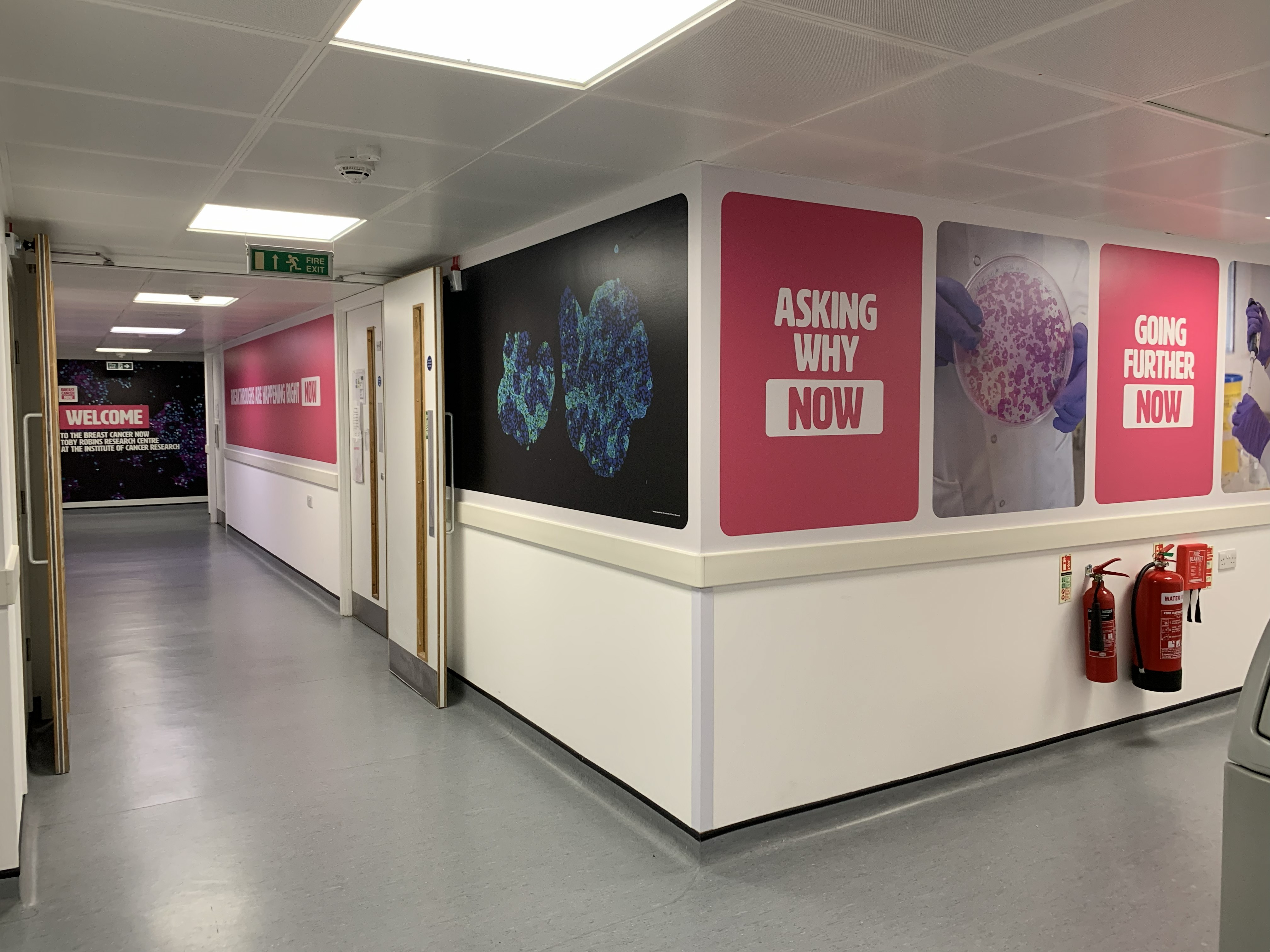 Corridor inside the ICR building, showing Breast Cancer Now branding, including large statements such as 'Asking why NOW' and 'Going further NOW'